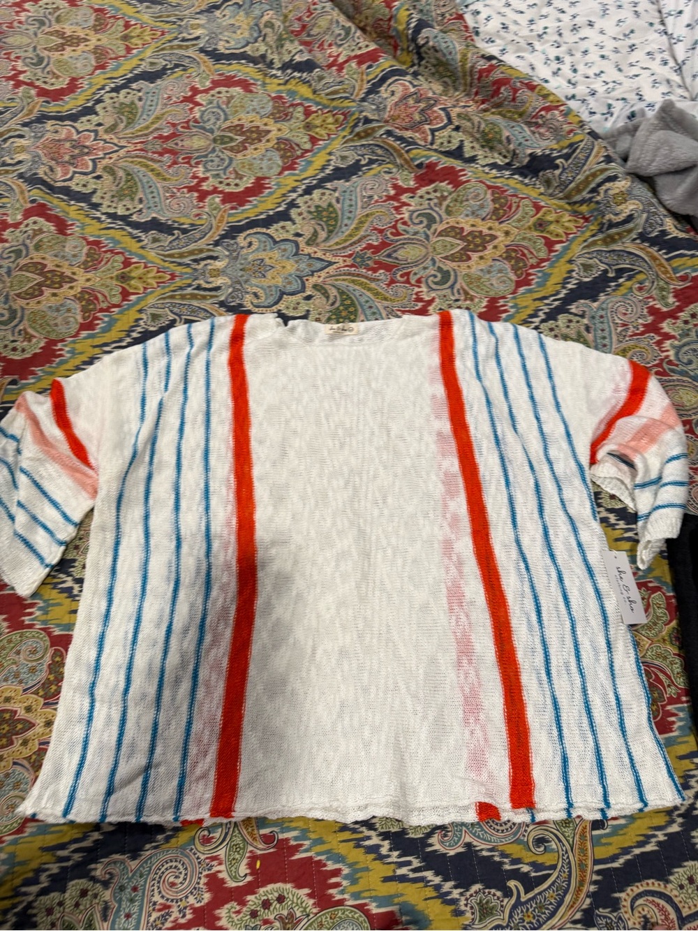 women’s Lightweight Striped Top — White with Blue & Red Stripes